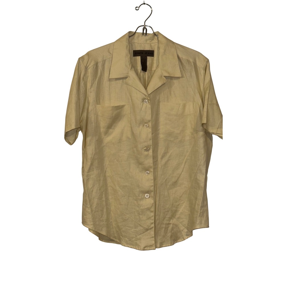 Jones Jeans Womens Yellow 100% Linen Short Sleeve Button Down Shirt Size 8